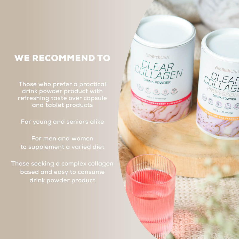BioTechUSA Clear Collagen Professional, Flavoured Drink Powder containing hydrolysed Collagen, hyaluronic Acid, Amino acids, Vitamins, Minerals, 350 g, Rose & Pomegranate