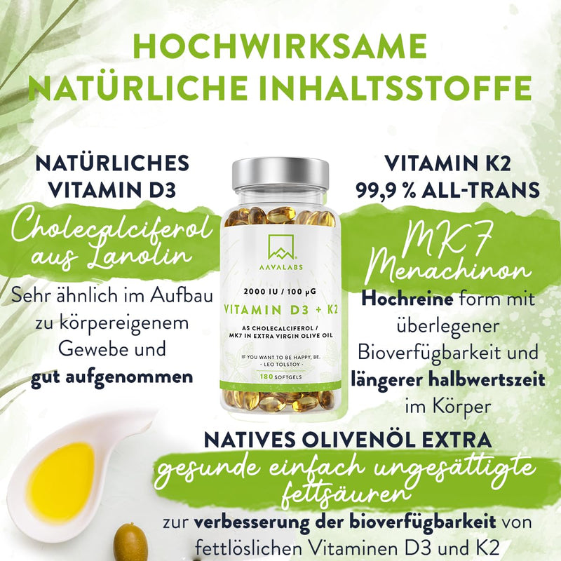 [Australia] - Vitamin D3 K2 high dosage with virgin olive oil - Vitamin D high dosage 2000 IU + Vitamin K2 MK7 100μg - sunshine vitamins Vitamin D K2 GMO, gluten and lactose free 180 Vitamin D3 K2 capsules high dosage 