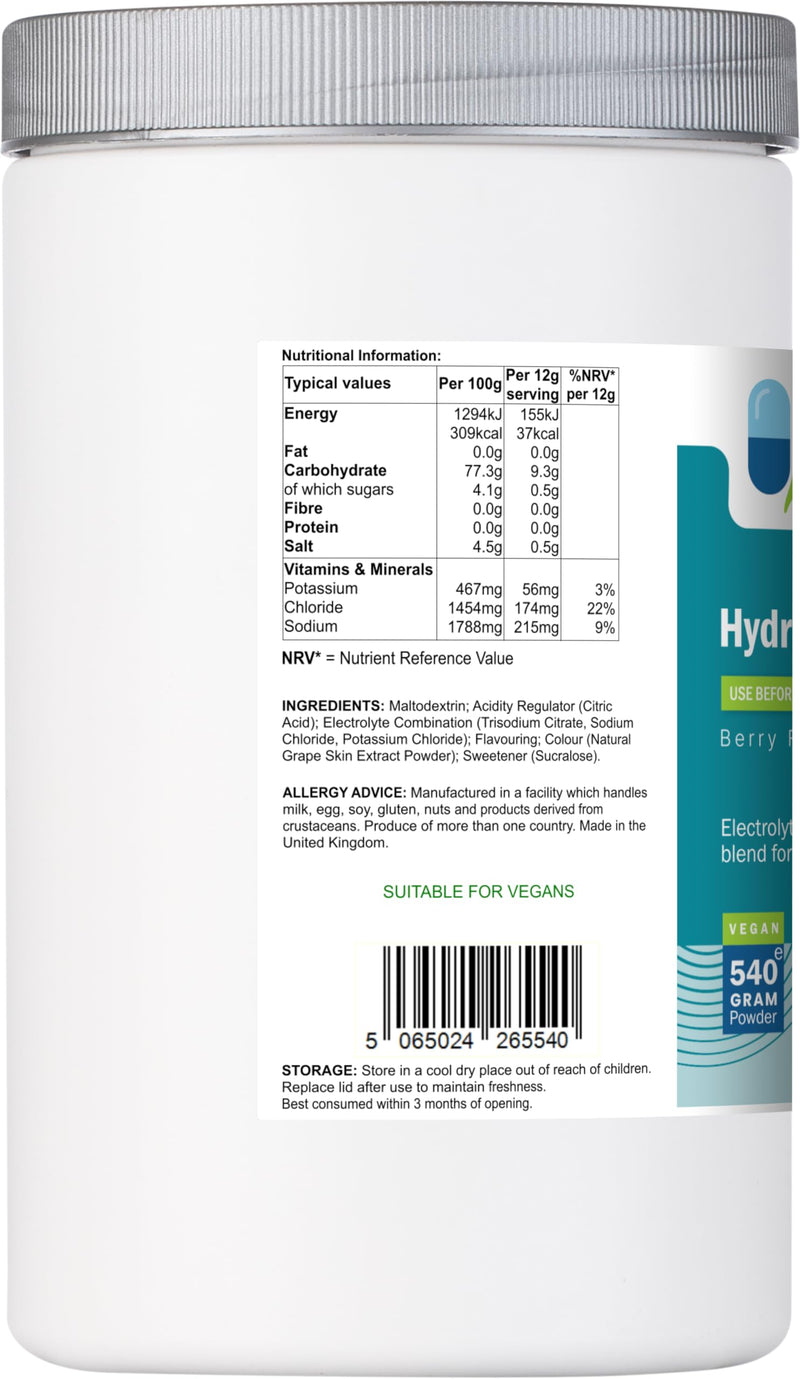 AnMar® HydraFuel Electrolyte Hydration Powder – Berry Flavour Electrolyte & Carbohydrate Drink Mix for Rapid Hydration – Vegan Sports Hydration Powder – 540g