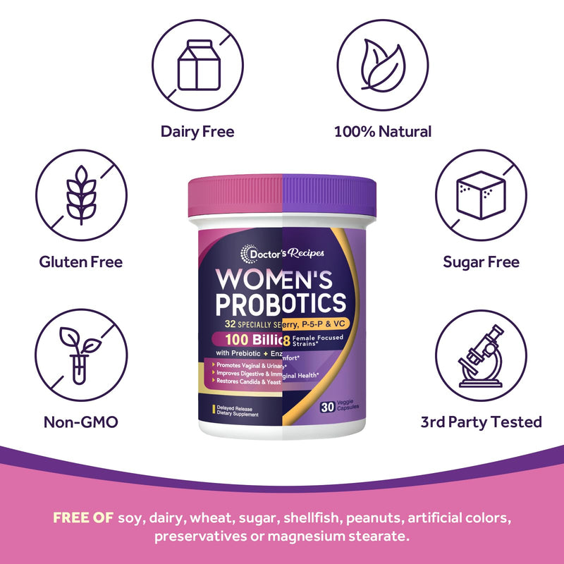 Doctor's Recipes Women’s Probiotics 100 Billion CFU Bundle, Vitamin B6 P5P, Cranberry, Digestion, Vaginal, Mood, Immune, Shelf Stable, Delayed Release