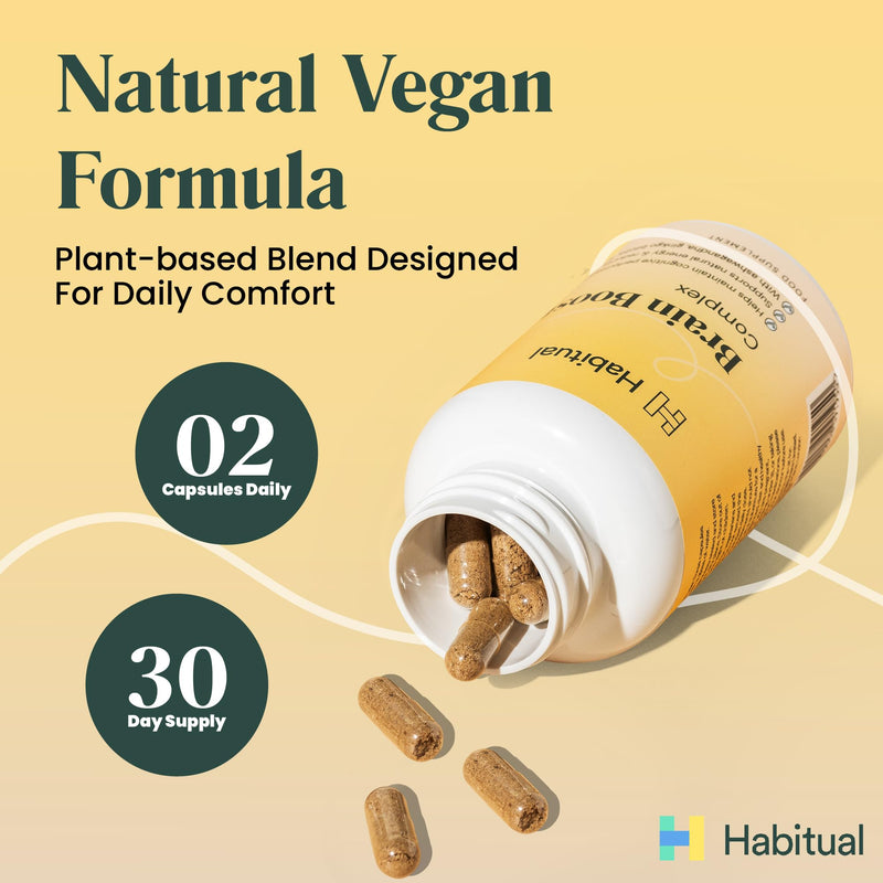 Habitual Brain Boost Complex | Nootropic Supplement with Ashwagandha, Ginkgo Biloba & Vegan Omega-3 | Focus, Memory & Mood Support | 7 B Vitamins, Zinc & Vitamin D | Vegan & Gluten-Free Capsules