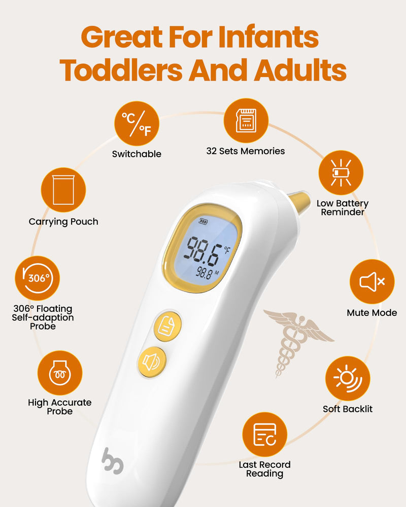 [Australia] - Ear Thermometer, Highly Accurate Thermometer for Kids, Adults and Toddlers, 32 Memory Recall, 1s Fast, 3 Color Fever Alarm with Mute Mode, 21 Disposable Probe Covers ET107 