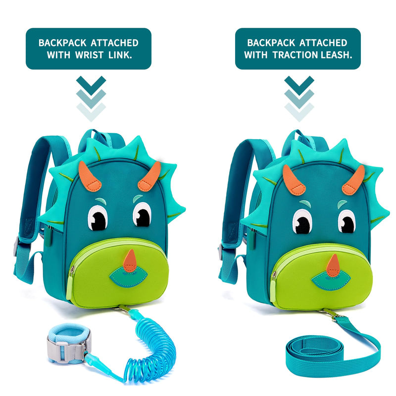 Accmor Toddler Harness Backpack Leash, Cute Dinosaur kid Backpacks with Anti Lost Wrist Link, Child Backpack with Leash for Baby Boys Girls, Mini Toddler Back Pack Tether for Outdoor Walking (Blue) Aquamarine/Triceratops