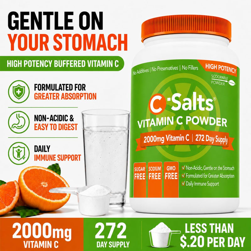C-Salts Buffered Vitamin C Powder - Pure Organic, Stomach Friendly Ascorbic Acid VIT C Drink for Daily Immune Support & Collagen Production - Vegan Non GMO Sugar Free - 272 Servings Original, 26oz 26 Ounce (Pack of 1)