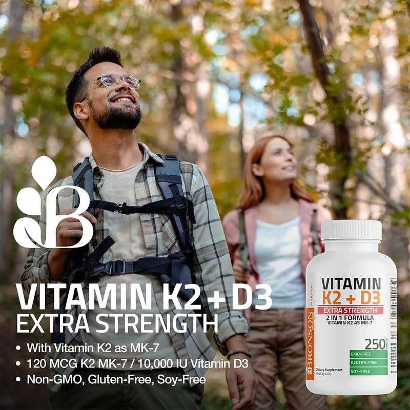 [Australia] - Bronson Vitamin K2 (MK7) with D3 Extra Strength Supplement Bone Health Non-GMO Formula 10,000 IU & 120 mcg MK-7 Easy to Swallow D K, 60 Capsules 60 Count (Pack of 1) 