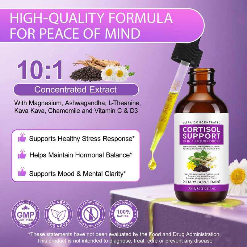 Daiasns Cortisol Supplements for Women & Men, 10-in-1 Cortisol Reducer Manager Lower with Magnesium Ashwagandha L-Theanine Vitamin C & D, Liquid Cortisol for Sleep Support & Stress Relief, 2 FL.OZ