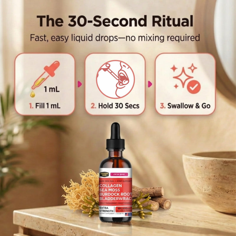 Liquid Collagen Peptides for Women with Sea Moss & Burdock Root | Hair, Skin, Nails & Joints. Gut Health, Less Bloating & Weight Support. Berry Flavor, 2 Oz. Third-Party Tested. Made in USA. Collagen Peptides with Sea Moss