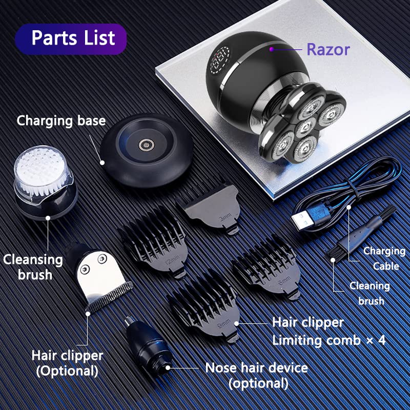 [Australia] - Upgrade 5-in-1 Electric Head Shaver for Men, LED Display, Multifunctional Cordless IPX7 Waterproof Rotary Grooming Kit 5 Heads 