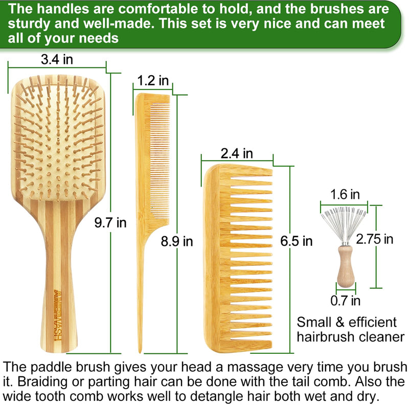 Bamboo Hair Brush Comb Set for Women, Wooden Paddle Detangling Brush for Thick Thin Curly Straight Wavy Fine Hair, Wide Tooth & Tail Comb Great for Wet or Dry Use, Hairbrush Cleaning Tool Included Large paddle hairbrush + Cleaner rake + 2 Comb