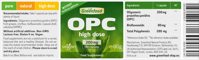 Greenfood OPC, 200 mg, Extra high dose, 180 Capsules - one of the Highest dosed Products on the Market. Without Artificial additives. Without Genetic Engineering. Vegan.