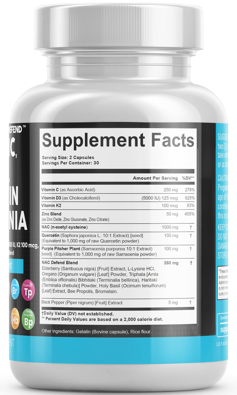 [Australia] - Clean Nutraceuticals NAC Supplement N-Acetyl Cysteine 1000mg Vitamin D3 K2 Zinc Quercetin 1000mg Sarracenia Purpurea 1000mg with Elderberry Holy Basil Bee Propolis Bromelain L-Lysine - 60 Count 