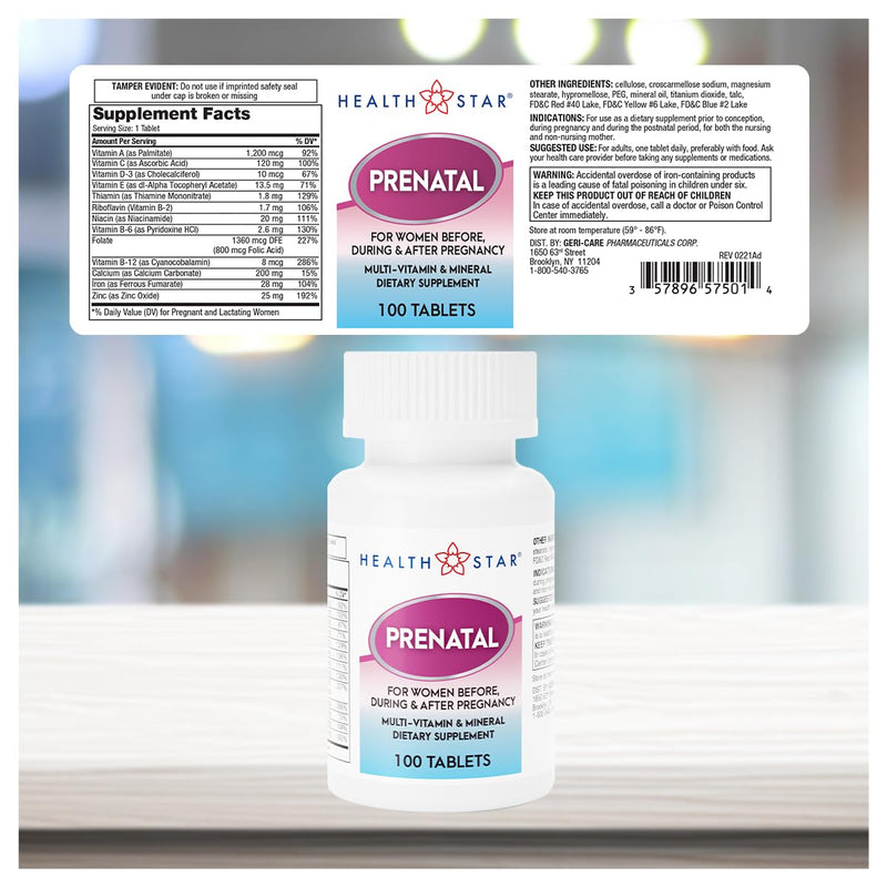 Prenatal Multivitamin by HealthStar for Healthy Mom and Baby - Folate + Vitamin C + Vitamin D + Iron + Calcium + B12 - 100 tablets