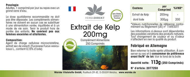[Australia] - Kelp extract 200mg - 250 tablets - high dosage - vegan - natural iodine | HERBADIREKT by Warnke vital substances - German pharmacy quality 