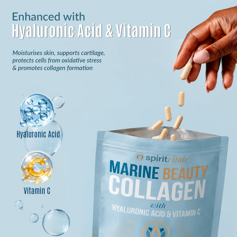 Marine Beauty Collagen with Hyaluronic Acid and Vitamin C | Skin Hydration, Elasticity, Anti-Ageing | Premium Quality Marine Type 1 Hydrolysed Complex | UK Certified | No Nasties | SPIRIT VITALE