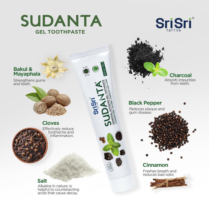 [Australia] - Sri Sri Tattva Sudanta Charcoal Toothpaste Gel – SLS, Fluoride Free Herbal Toothpaste with Neem & Ayurvedic Herbs – Natural Teeth Whitening, Fresh Breath, Oral & Gum Health – 100g Tube (Pack of 3) 3.53 Ounce (Pack of 3) 