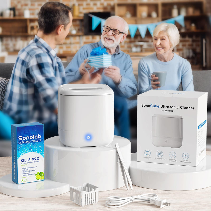 [Australia] - Sonolab Ultrasonic Retainer Cleaner Machine with Removable Tank and Cleaning Tablets, 45kHz Sonic Dental Cleaning Pod, 240ml Large Capacity Ultrasonic UV Cleaner for Dentures, Aligners, Mouth Guards 