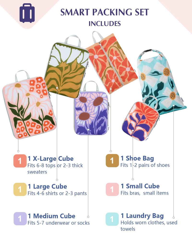 Gonex 6-Piece Compression Packing Cubes with Shoe & Laundry Bags | Floral Pattern, Ripstop Fabric, Double-Zip Compression, Carry-On Friendly, Lightweight Flowers 6 Set
