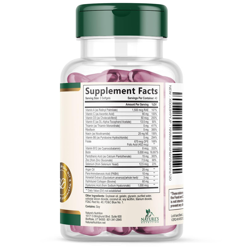Hair Skin and Nails Vitamins for Hair Growth - Biotin 5000mcg Per Serving - Extra Strength Collagen, Argan Oil & Hyaluronic Acid - Best Beauty Supplement for Women & Men - USA Bottled - 120 Softgels 120 Count (Pack of 1)