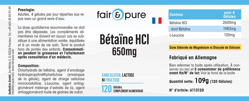 [Australia] - Fair & Pure® - Betaine capsules 650mg - 120 capsules - Betaine HCI/Betaine hydrochloride - vegan - without magnesium stearate 