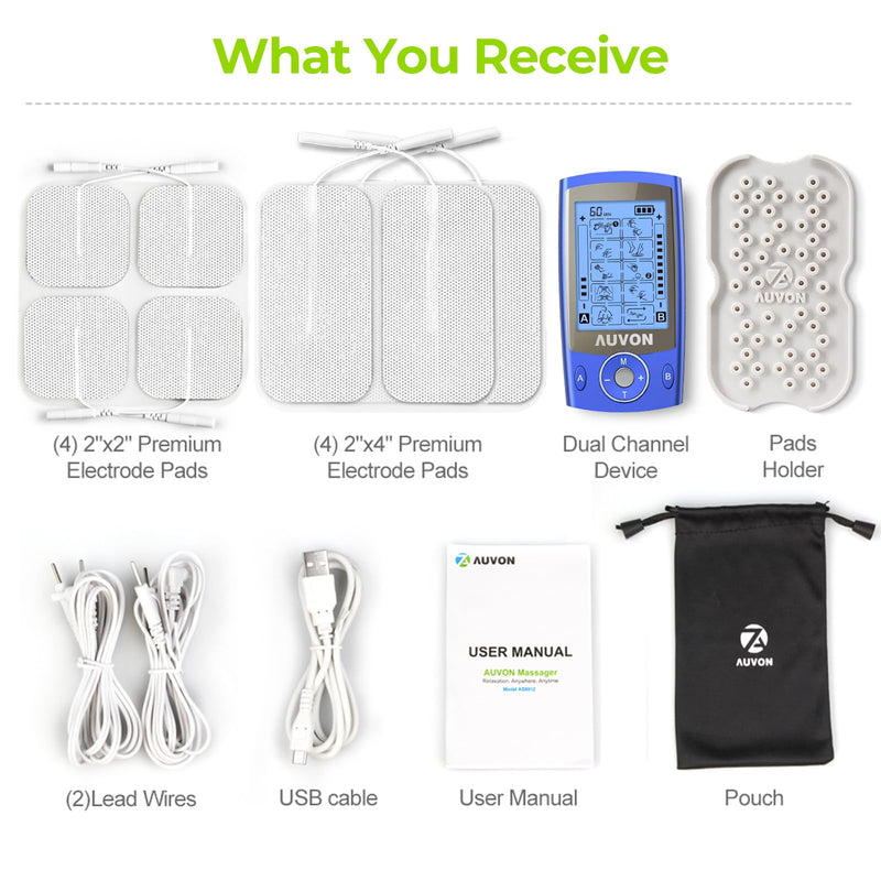 AUVON Dual Channel TENS Unit Muscle Stimulator Machine with 20 Modes, 2" and 2"x4" TENS Unit Electrode Pads Blue