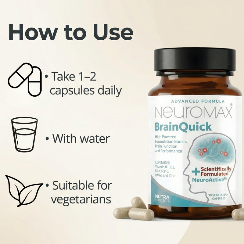 BrainQuick, Brain Support, Vegetarian Supplement 30 Capsules – Made in UK, Natural Cognitive Support for Memory, Focus, Mental Clarity with NeuroActive, Vitamin B1 B3 B5 CoQ10 DMAE and Zinc
