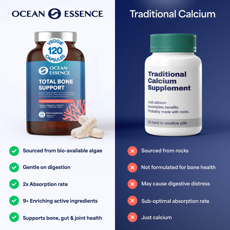 OCEAN ESSENCE Total Bone Support - Plant-Based Algae Calcium Supplement for Supporting Bone Density & Strength - for Men & Women 35+ - 120 Natural Calcium Capsules - Vitamins for Optimal Health 1-pack