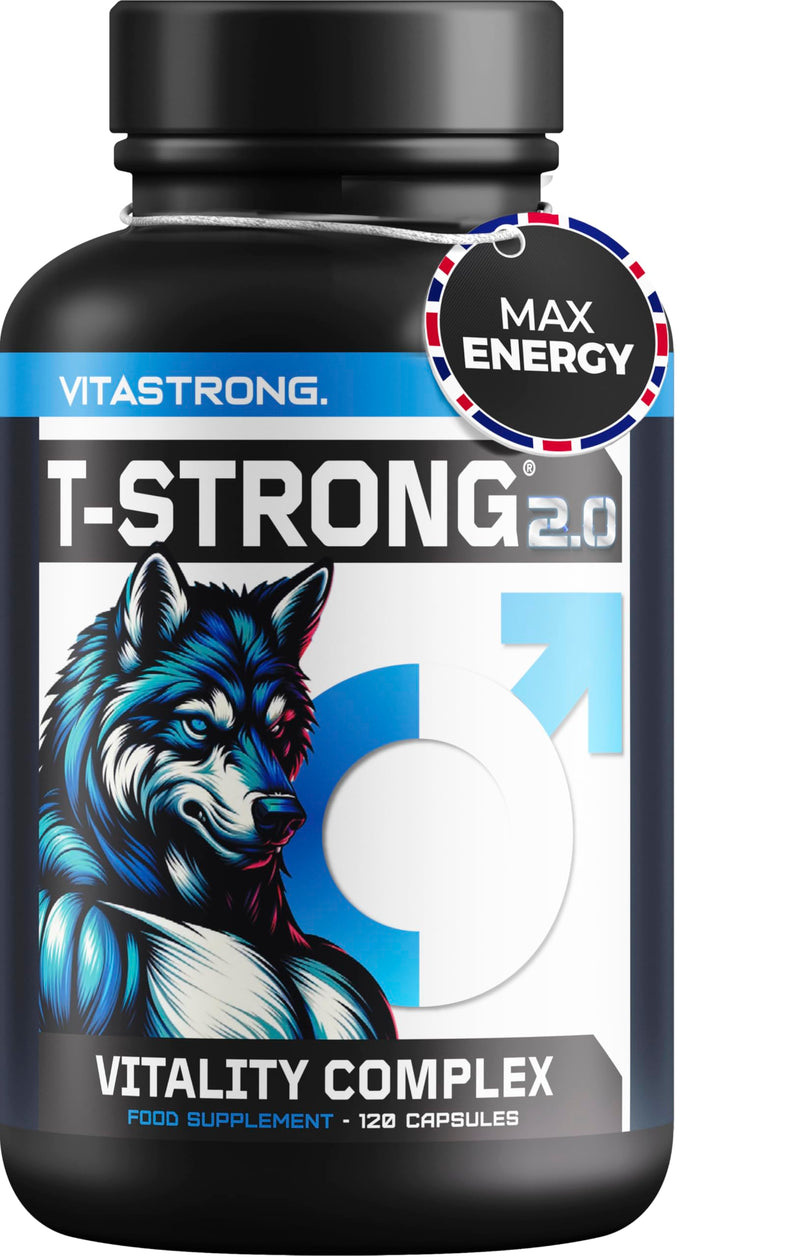 T-Strong 2.0 Vitastrong, Maca Root Vitality Complex Vegan, Arginine, Taurine, Zinc, High Strength Men Supplements, 120 Extra-Strong Maca Root Capsules +Fenugreek Ginkgo Ginseng Vitamin B6