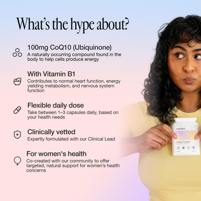Unfabled CoQ10 Capsules for Women, 90 Capsules, 100mg CoQ10 (Ubiquinone) with Thiamine (Vitamin B1), Contributes to Normal Heart Function & Energy-Yielding Metabolism, Made in UK