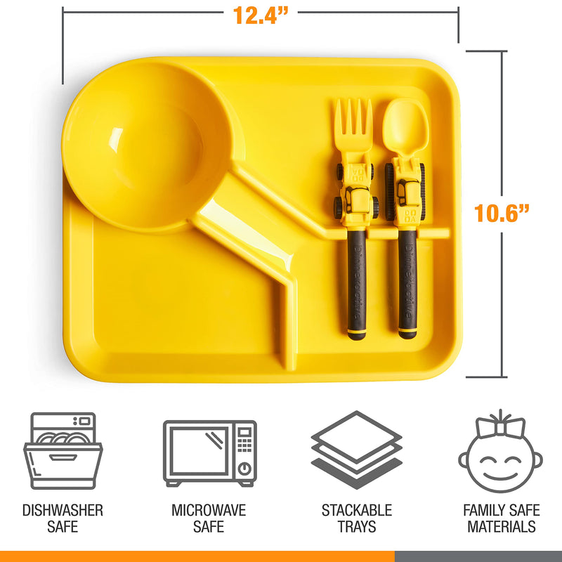 [Australia] - Dinneractive Dining Set for Kids - 3 Piece Construction Themed Toddler Utensils & Toddler Plates - Toddler Forks and Spoons - Kid Plate set Yellow 