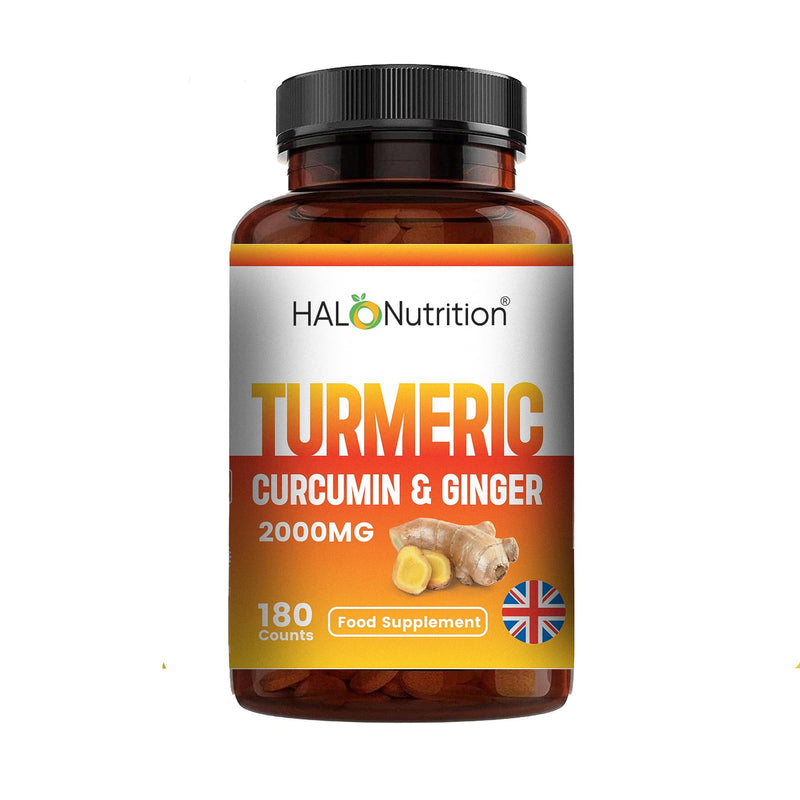 Turmeric Tablets High Strength 2000 mg with Curcumin & Ginger,Black Pepper Supplements, 180 Tablets (3 Months) High Strength Active Turmeric Supplements tablet Not Turmeric Capsules- by Halo Nutrition