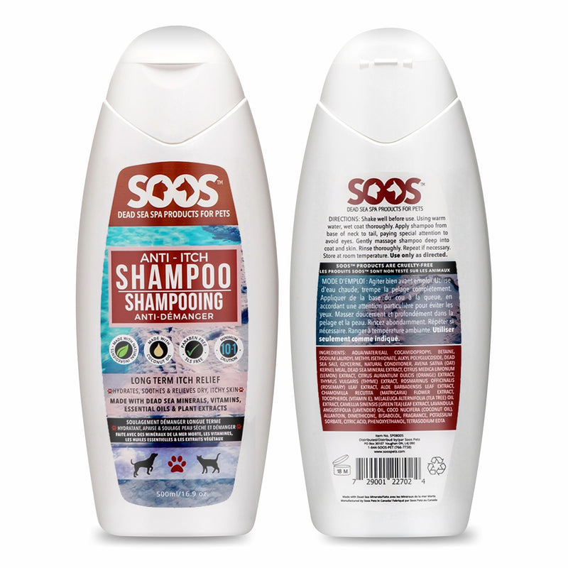 Soos Pet Dog Shampoo for Cats and Pets Anti-Itch Dead Sea Minerals Fast Absorbing Clean Fur with Vitamins Essential Oils Natural Ingredients Antiba-cterial and Antif-ungal - 1x Pet Shampoo (500ml) - PawsPlanet Australia