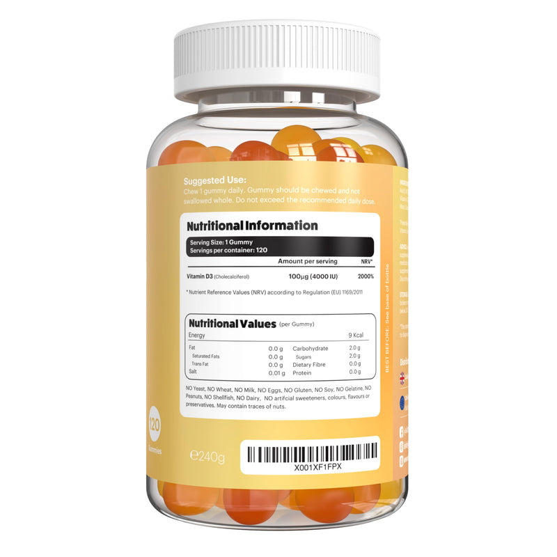 Vitammies Vegan Vitamin D3 Gummies 4000 IU | High Strength Vitamin D Chewable Gummy | 4 Month Supply | Vegetarian | Gluten-Free | Non-GMO | 120 Count | Lemon Flavour | Vitamin D Gummies for Adults Vitamin D3 Gummies 4000IU