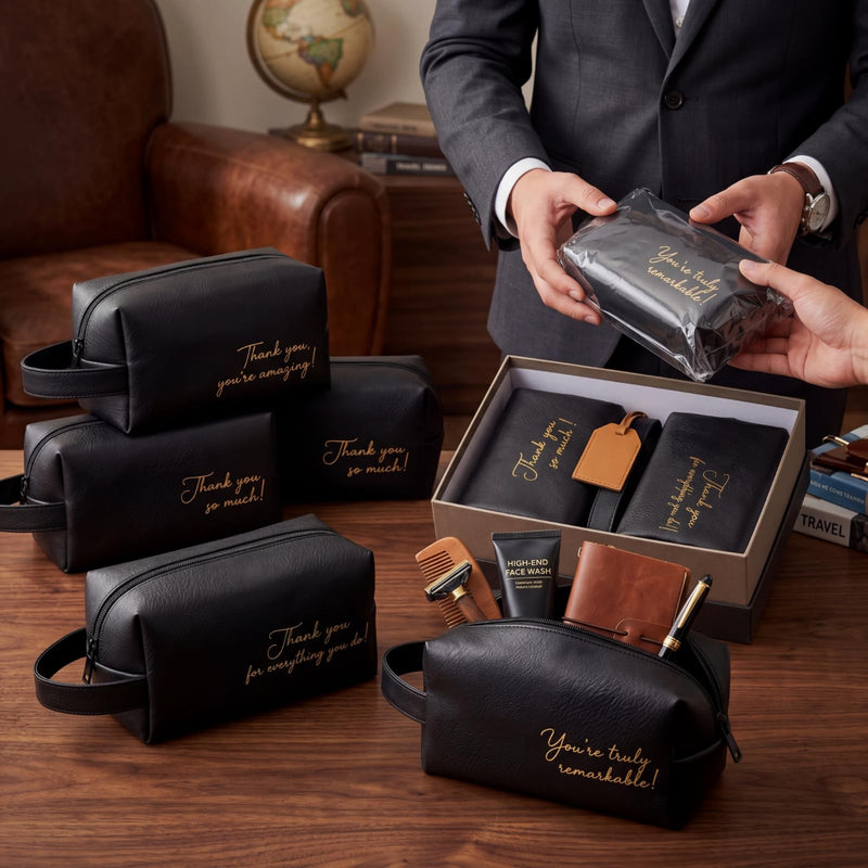 8 Pcs Men Toiletry Travel Bags Bulk Black Leather Toiletry Bags for Men Employee Appreciation Groomsmen Gifts Toiletries Kit for Business Trip Wedding Travel