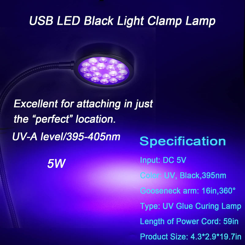 [Australia] - UV LED Black Light Clamp Light with USB, Upgraded 5W 395nm Portable Gooseneck Lamp with Clip for UV Gel Nail, Pet Urine Detection,UV Glue Curing, Blacklight Posters, Fluorescent Paint, Resin Art 