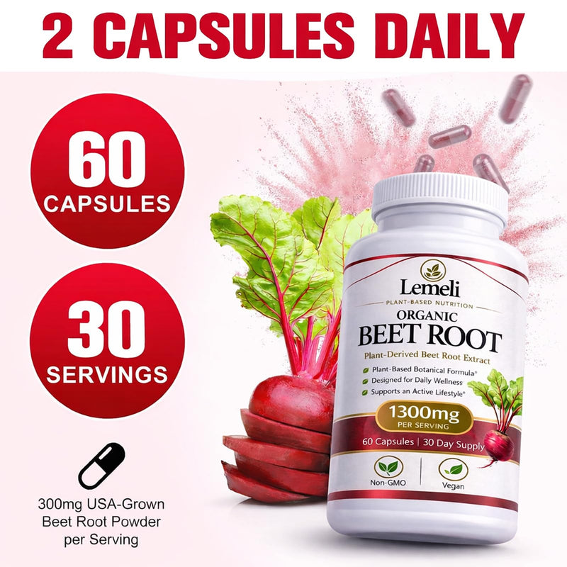 Beetroot, Beet Root Capsules 1300mg Nitric Oxide Booster with Beetroot Extract, Vitamin C & Black Pepper, High Nitrate Vegan Supplement, 60 Count 60 Count (Pack of 1)