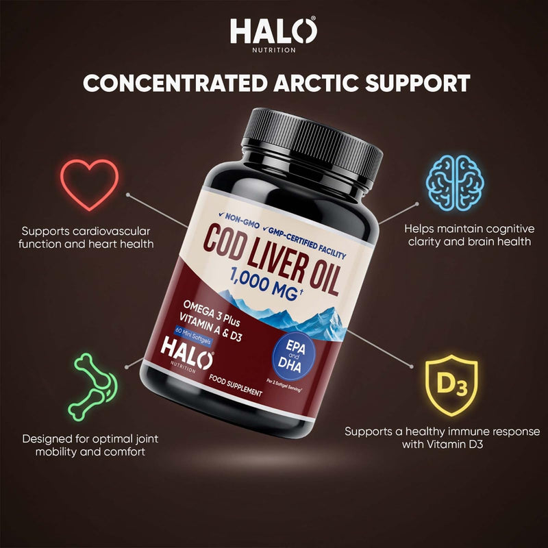 Cod Liver Oil Softgels 1000MG | Omega 3 + Vitamin A & D3 | Wild Caught Cod Liver Oil, Sustainable Sourced & Molecularly Distilled | EPA DHA Omega 3 Supplement for Bone, Eye & Immune Health | 60 Ct