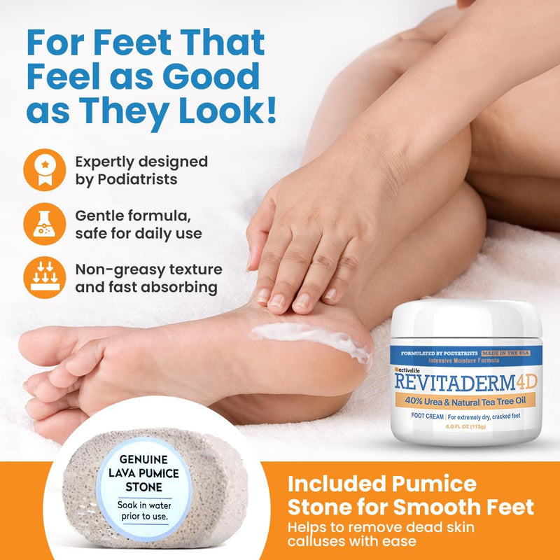 Revitaderm 4D 40% Urea Advanced Foot Cream for Cracked Heels & Dry Skin, Intensive Repair for Rough, Callused Feet, Fast Absorbing, Fragrance Free, Made in USA, 4 oz with Pumice & Brush, 1 Pack 4 Ounce (Pack of 1)