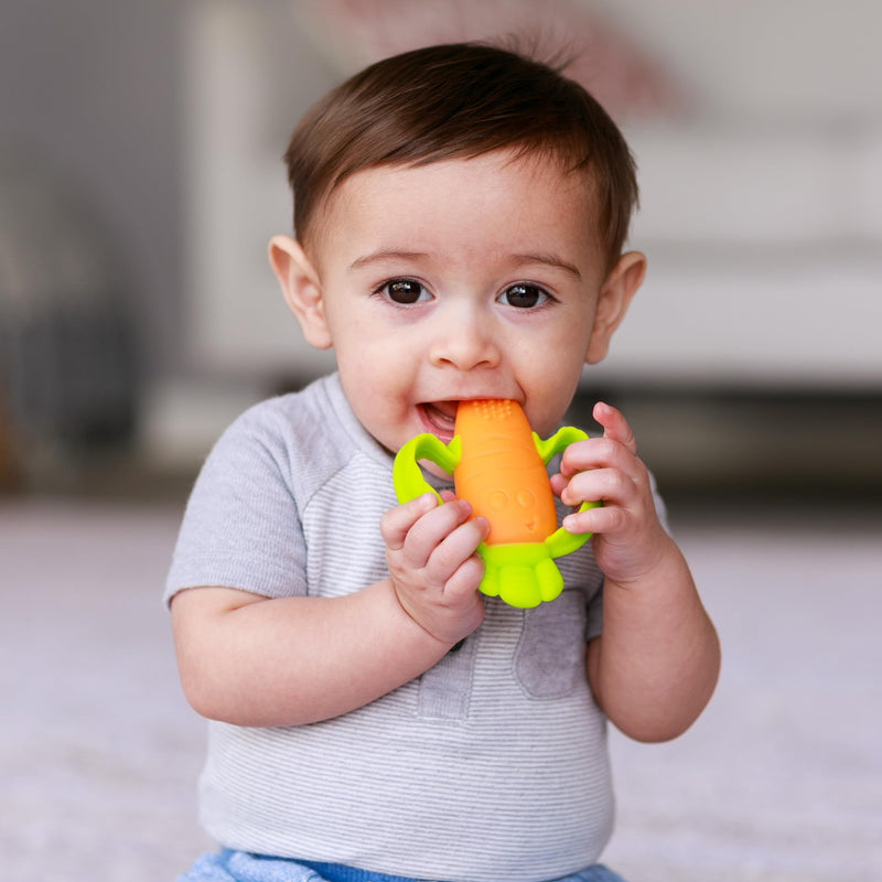 [Australia] - Infantino Lil' Nibbles Textured Silicone Baby Teether - Sensory Exploration and Teething Relief with Easy to Hold Handles, Orange Carrot, 0+ Months 