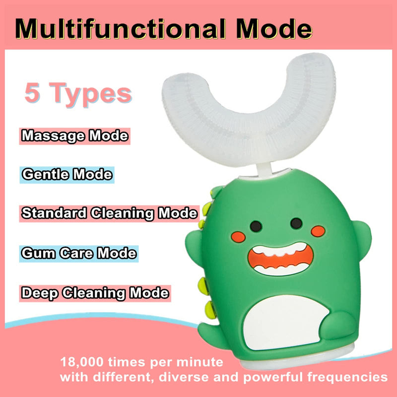 Kids Sonic Electric Toothbrush U Shaped Automatic Timer IPX7 Waterproof 5 Modes 360° Oral Cleaning Teeth Whitening Gums Massage Replaceable Soft Cartoon for 7-15 (Pink Cow) Pink Cow