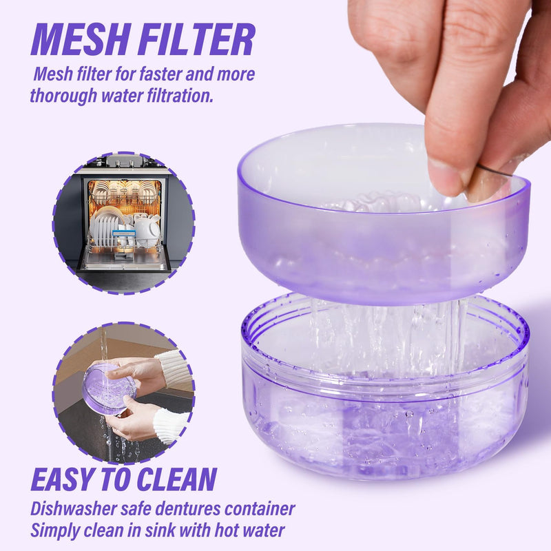 [Australia] - Denture Case, Denture Bath Box with Strainer Basket, 2 in 1 Retainer Case, No-Leak Denture Bath Box Cup, Complete Clean Care for Dentures, Clear Braces, Mouth Guard, Night Guard & Retainers-2pack Blue-Purple 