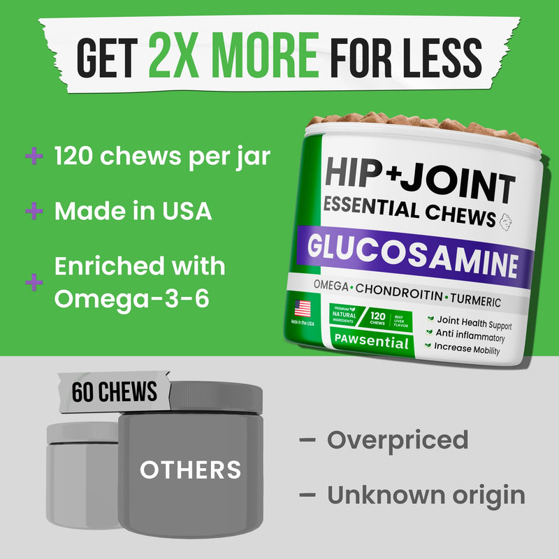 Glucosamine for Dogs - Joints Health Treats w/Omega Fish Oil - Natural Joint Pain Relief - Canine Hip and Joint Supplement w/Chondroitin + MSM + Turmeric + Calcium - 120 Beef Chews 120 Glucosamine Treats - PawsPlanet Australia