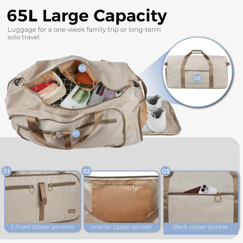 65L Duffle Bag Foldable Travel Duffel Bags for Men Women Travel Bag | Shoes Compartment, 65L Large Capacity, Foldable, Packable, Water Repellent, Tear Resistant, for Traveling Gym Overnight Camp Glossy Beige