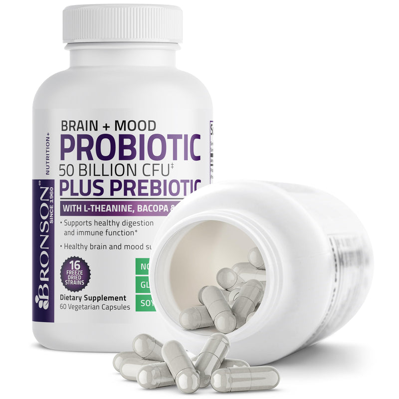 Bronson Brain + Mood Probiotic 50 Billion CFU + Prebiotic, 60 Capsules | 16 Freeze-Dried Strains with L-Theanine, Bacopa & Rhodiola, Digestive & Immune Support, Non-GMO, Gluten-Free & Soy-Free