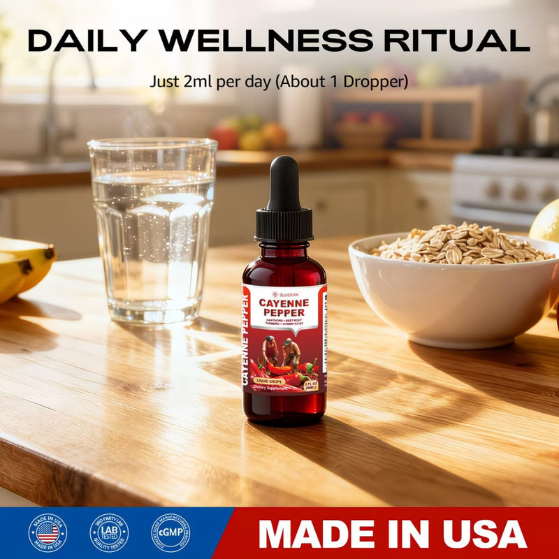 Cayenne Pepper Drops with Hawthorn Berry & Beet Root - Liquid Turmeric Curcumin, Vitamin D3 + K2 - Made in USA Herbal Supplement - Daily Wellness Formula - 2 Fl Oz (60ml)