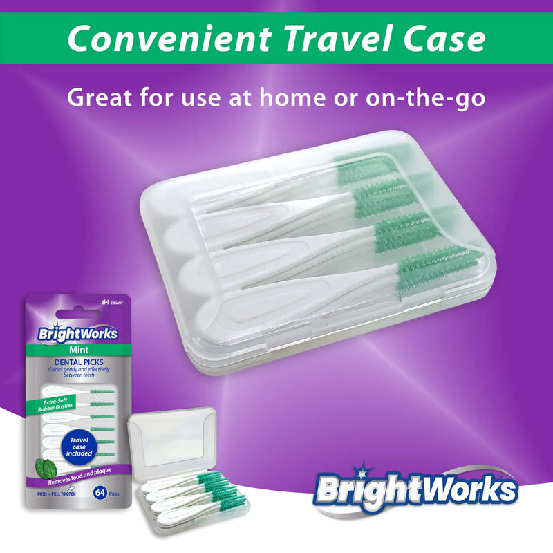 [Australia] - BrightWorks Mint Dental Picks, with Extra Soft Rubber Bristles and Flexible Tip, Clean Gently and Effectively Between Teeth, Travel Case Included, 3 Packs (64 Per Pack) [192 Total Picks] 