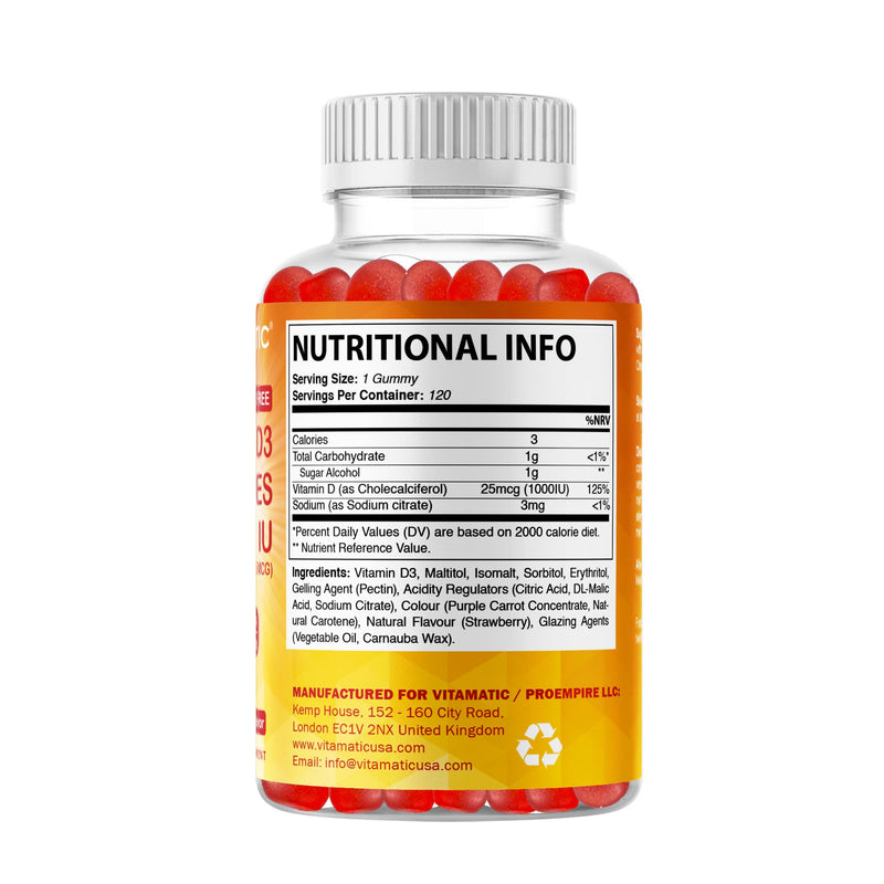 Vitamatic Sugar Free Vitamin D3-120 Pectin Based Gummies - Great Taste - Healthy Bones, Mood & Immune System Function - Non-GMO - 120 Servings (1000 IU)