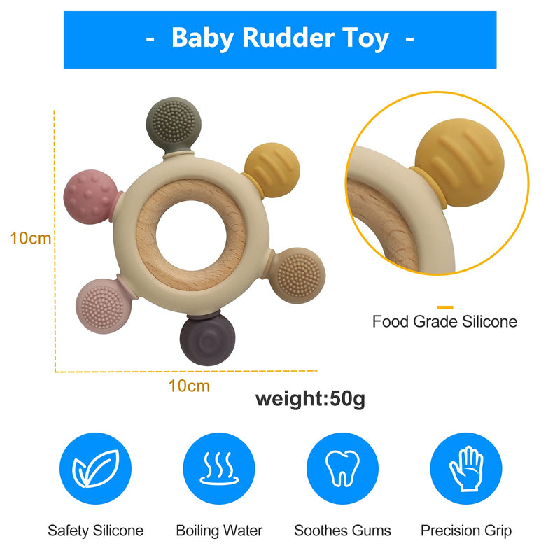 [Australia] - Baby Teething Toys Silicone Teethers BPA Free Silicone Rudder with Wooden Ring Soothe Babies Gums (Khaki) Khaki 