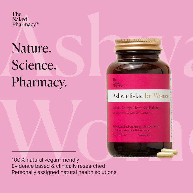 The Naked Pharmacy | Ashwadisiac for Women | Energy & Balance | Saffron, Ashwagandha, Fenugreek & Prebiotic | High Strength | Natural No Additives | 60 Capsules 60 count (Pack of 1)