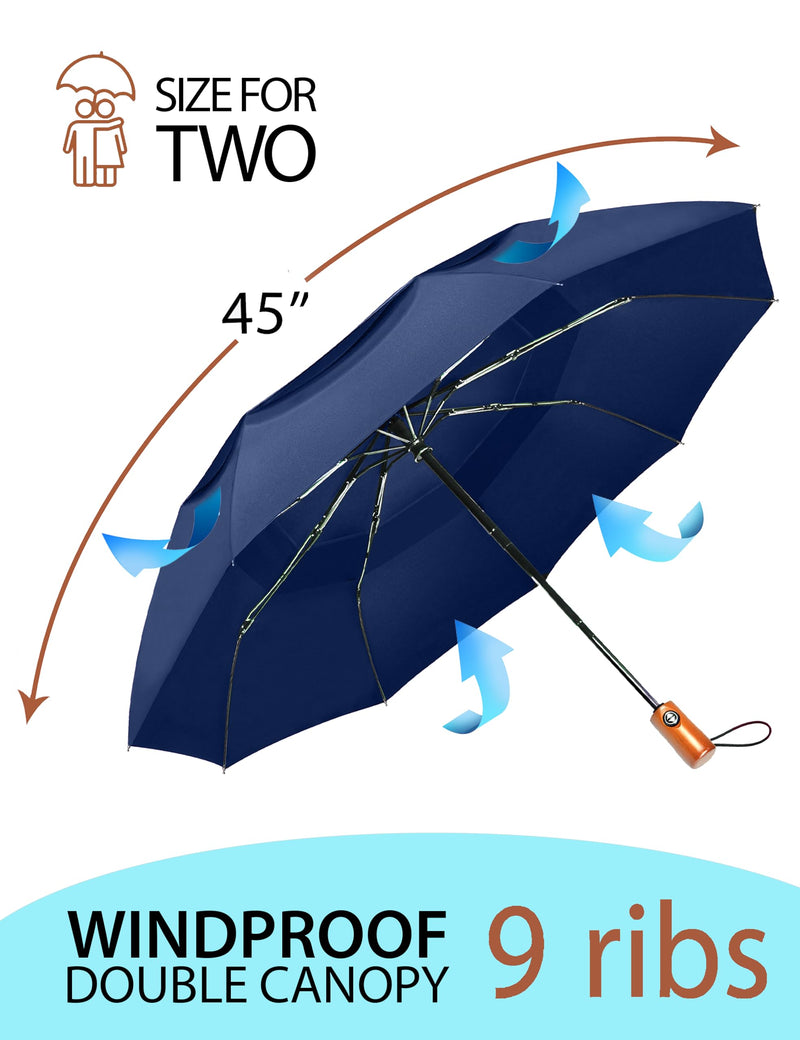 Raintrend 2 Pack Umbrellas for Rain Windproof Travel Navy Blue and Sky Blue Umbrella - Large Double Canopy but Compact Folding Portable - Automatic Strong Wind Resistant Construction