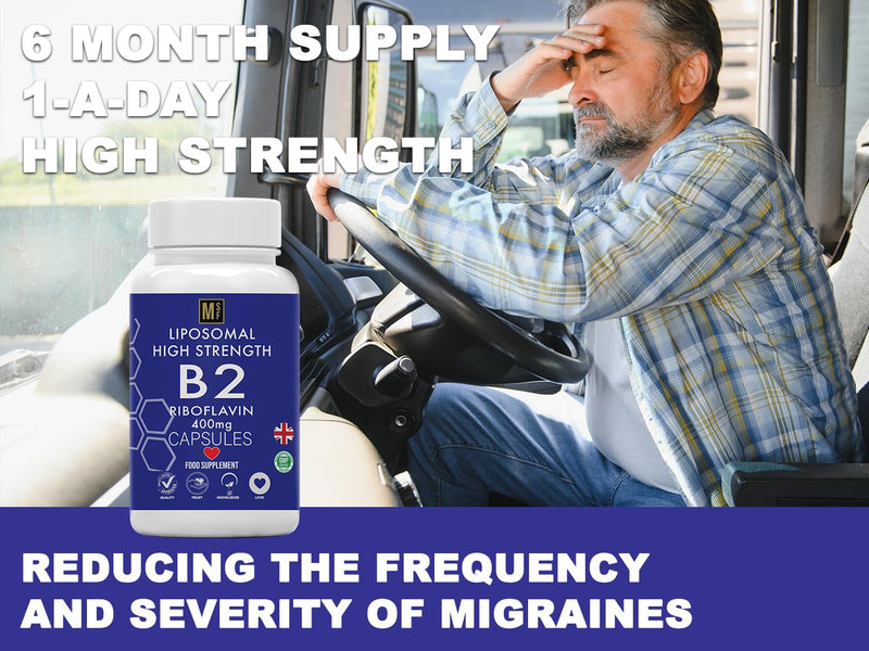 Vitamin B2 Riboflavin | 400mg Migraine Support 180 Capsules | 6 Months Supply | Vegan, High Strength Riboflavin Supplement | Liposomal Delivery for Maximum Absorption | Non-GMO | UK Company